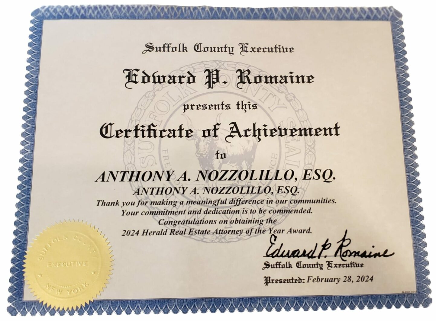 Anthony A. Nozzolillo - Certificate of Achievement - Suffolk County Executive